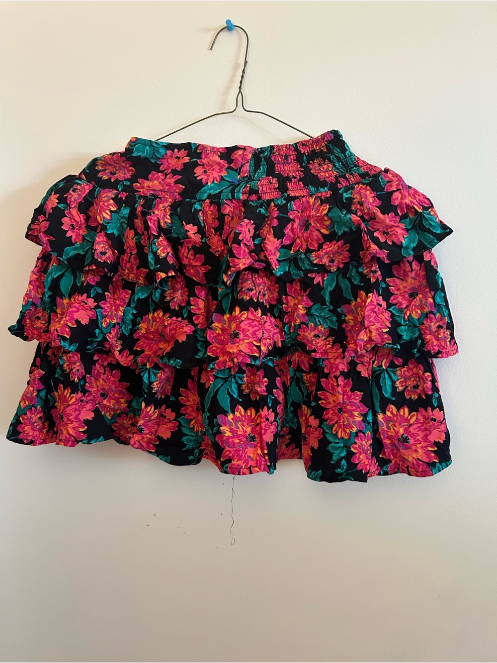 Frenchi Black Floral Ruffle Mini Skirt with Pink and Teal Flowers